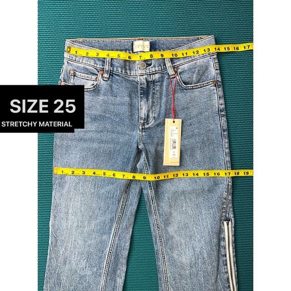 Alice + Olivia Rey Side Zipper Blue Off White Wide Leg Jeans - Picture 7 of 16